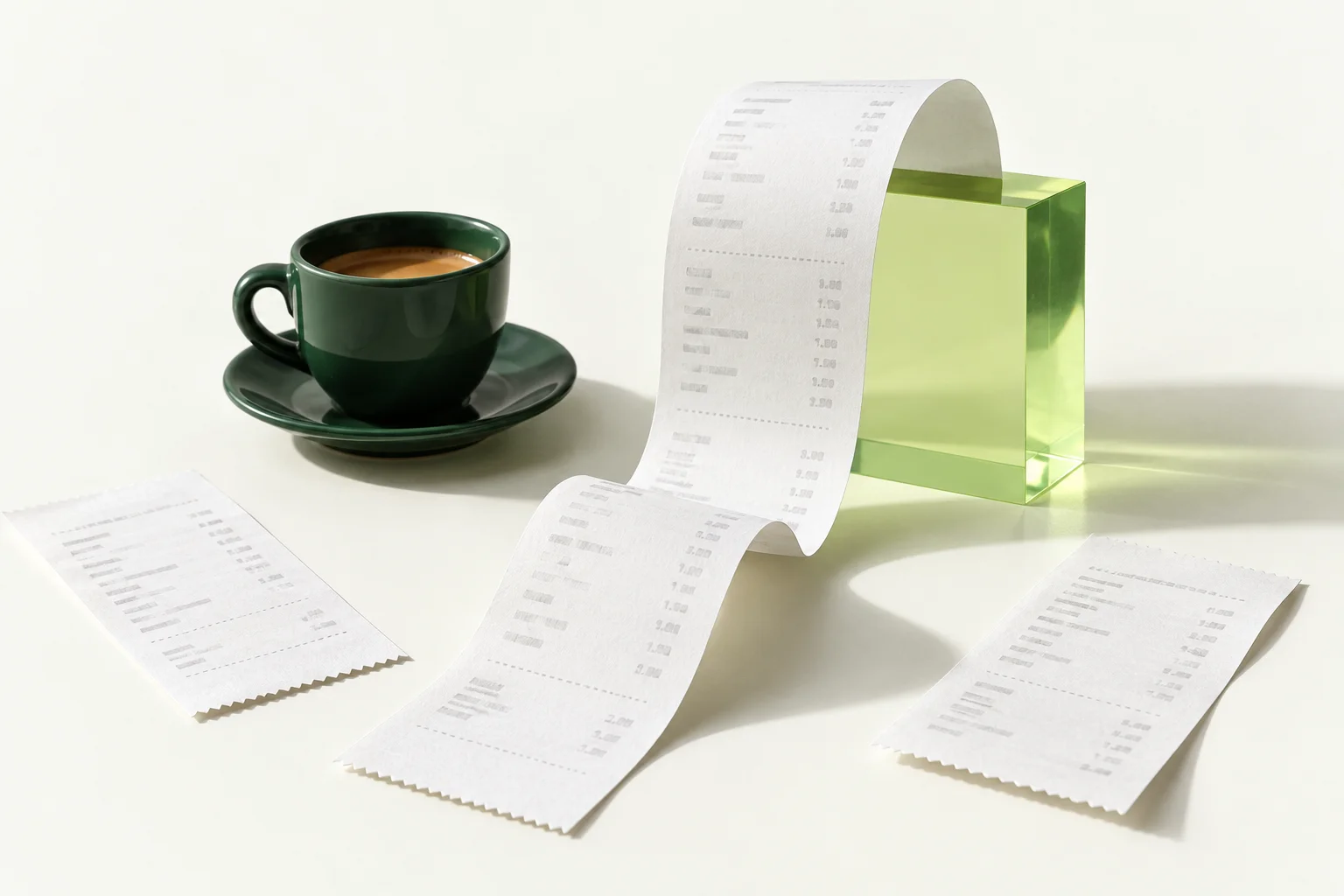 Receipt paper, a green coffee cup and a lime acrylic block